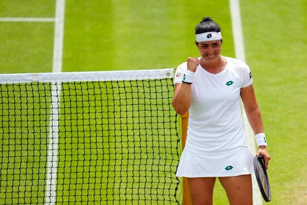 Mandatory Credit: Photo by Javier Garcia Shutterstock (12196117ai) Ons Jabeur celebrates victory in her fourth round match Wimbledon Tennis Championships, Day 7, The All England Lawn Tennis and Croquet Club, London, UK - 05 Jul 2021 Wimbledon Tennis Championships, Day 7, The All England Lawn Tennis and Croquet Club, London, UK - 05 Jul 2021  Copyright: xJavierxGarcia Shutterstockx 12196117ai