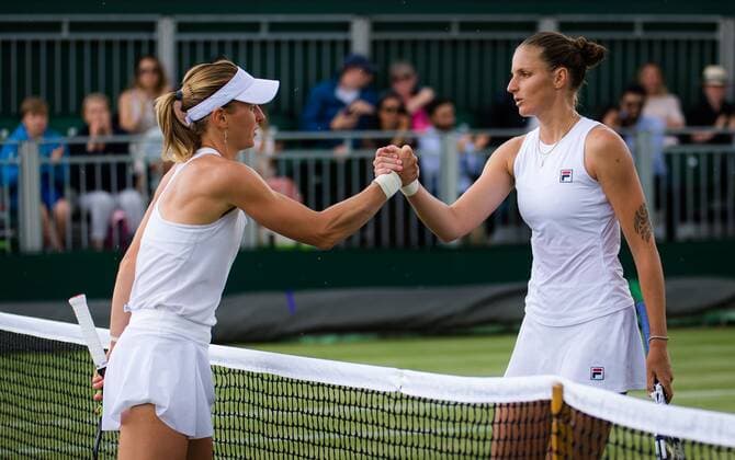 Mandatory Credit: Photo by Rob Prange Shutterstock (12196121o) Liudmila Samsonova of Russia & Karolina Pliskova of the Czech Republic in action during the fourth round at the 2021 Wimbledon Championships Grand Slam tennis tournament Wimbledon Tennis Championships, Day 7, The All England Lawn Tennis and Croquet Club, London, UK - 05 Jul 2021 Wimbledon Tennis Championships, Day 7, The All England Lawn Tennis and Croquet Club, London, UK - 05 Jul 2021  Copyright: xRobxPrange Shutterstockx 12196121o