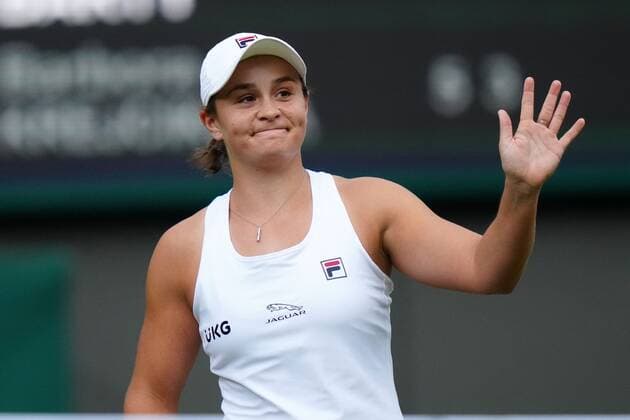 Mandatory Credit: Photo by Shutterstock (12196118ci) Ashleigh Barty celebrates victory during her fourth round match Wimbledon Tennis Championships, Day 7, The All England Lawn Tennis and Croquet Club, London, UK - 05 Jul 2021 Wimbledon Tennis Championships, Day 7, The All England Lawn Tennis and Croquet Club, London, UK - 05 Jul 2021  Copyright: xShutterstockx 12196118ci