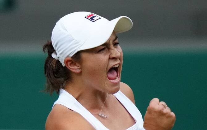 Mandatory Credit: Photo by Shutterstock (12196118cg) Ashleigh Barty celebrates victory during her fourth round match Wimbledon Tennis Championships, Day 7, The All England Lawn Tennis and Croquet Club, London, UK - 05 Jul 2021 Wimbledon Tennis Championships, Day 7, The All England Lawn Tennis and Croquet Club, London, UK - 05 Jul 2021  Copyright: xShutterstockx 12196118cg