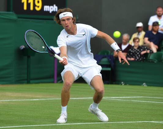 Lawn Tennis - 2021 All England Championships - Week Two - Monday - Wimbledon Mens singles - Marton Fucsovics v Andrey Rublev Andrey Rublev of Russia 