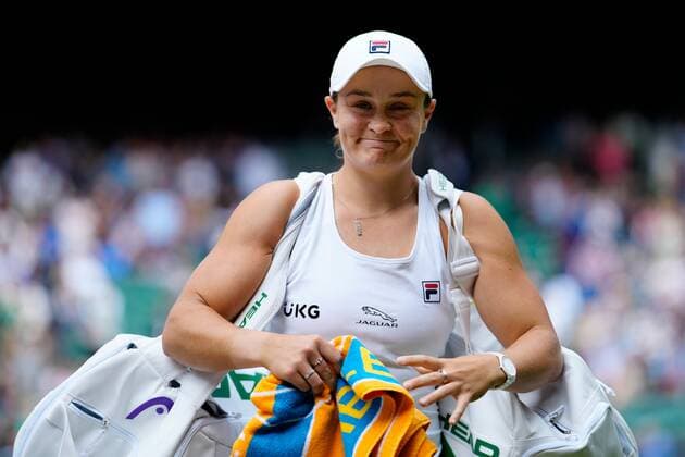 Mandatory Credit: Photo by Shutterstock (12196118cl) Ashleigh Barty celebrates victory in her fourth round match Wimbledon Tennis Championships, Day 7, The All England Lawn Tennis and Croquet Club, London, UK - 05 Jul 2021 Wimbledon Tennis Championships, Day 7, The All England Lawn Tennis and Croquet Club, London, UK - 05 Jul 2021  Copyright: xShutterstockx 12196118cl