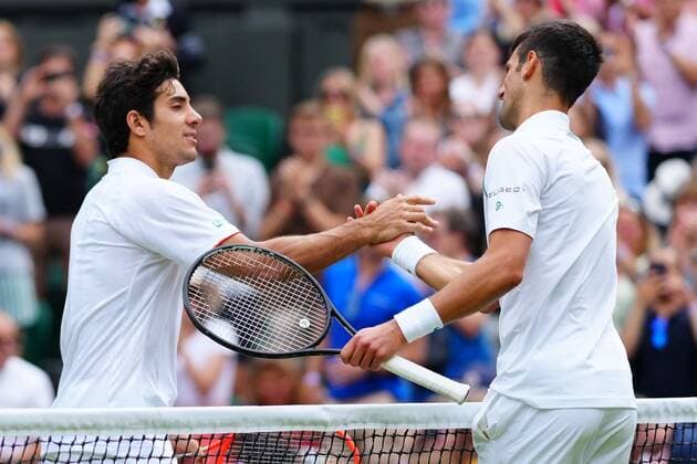 Mandatory Credit: Photo by Javier Garcia Shutterstock (12196117ed) Novak Djokovic celebrates victory in his fourth round match against Cristian Garin Wimbledon Tennis Championships, Day 7, The All England Lawn Tennis and Croquet Club, London, UK - 05 Jul 2021 Wimbledon Tennis Championships, Day 7, The All England Lawn Tennis and Croquet Club, London, UK - 05 Jul 2021  Copyright: xJavierxGarcia Shutterstockx 12196117ed