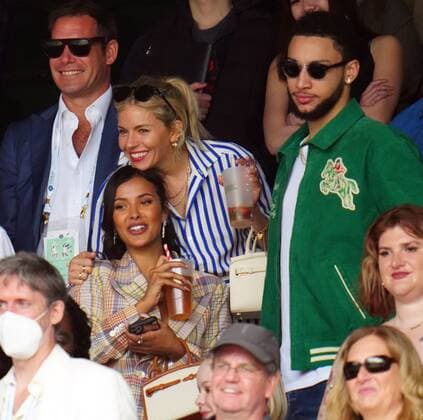 Mandatory Credit: Photo by Javier Garcia Shutterstock (12196117fa) Sienna Miller, Maya Jama and Ben Simmons in the crowd on Centre Court Wimbledon Tennis Championships, Day 7, The All England Lawn Tennis and Croquet Club, London, UK - 05 Jul 2021 Wimbledon Tennis Championships, Day 7, The All England Lawn Tennis and Croquet Club, London, UK - 05 Jul 2021  Copyright: xJavierxGarcia Shutterstockx 12196117fa
