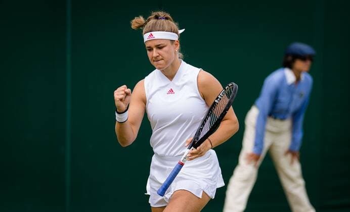 Mandatory Credit: Photo by Rob Prange Shutterstock (12196121am) Karolina Muchova of the Czech Republic in action during the fourth round at the 2021 Wimbledon Championships Grand Slam tennis tournament Wimbledon Tennis Championships, Day 7, The All England Lawn Tennis and Croquet Club, London, UK - 05 Jul 2021 Wimbledon Tennis Championships, Day 7, The All England Lawn Tennis and Croquet Club, London, UK - 05 Jul 2021  Copyright: xRobxPrange Shutterstockx 12196121am