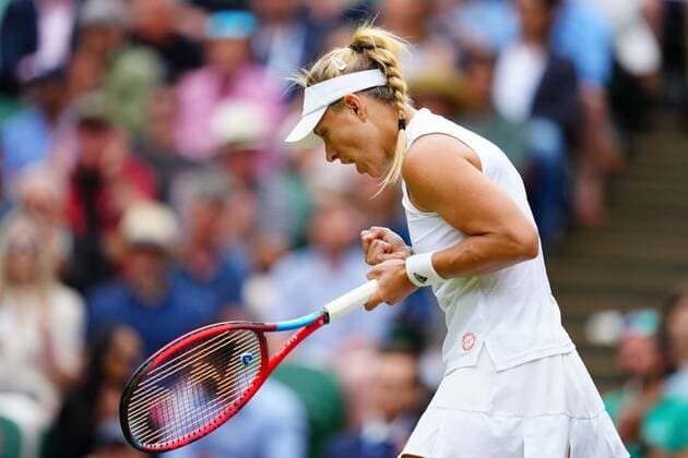 Mandatory Credit: Photo by Javier Garcia Shutterstock (12196117gt) Angelique Kerber celebrates winning the first set in her fourth round match Wimbledon Tennis Championships, Day 7, The All England Lawn Tennis and Croquet Club, London, UK - 05 Jul 2021 Wimbledon Tennis Championships, Day 7, The All England Lawn Tennis and Croquet Club, London, UK - 05 Jul 2021  Copyright: xJavierxGarcia Shutterstockx 12196117gt