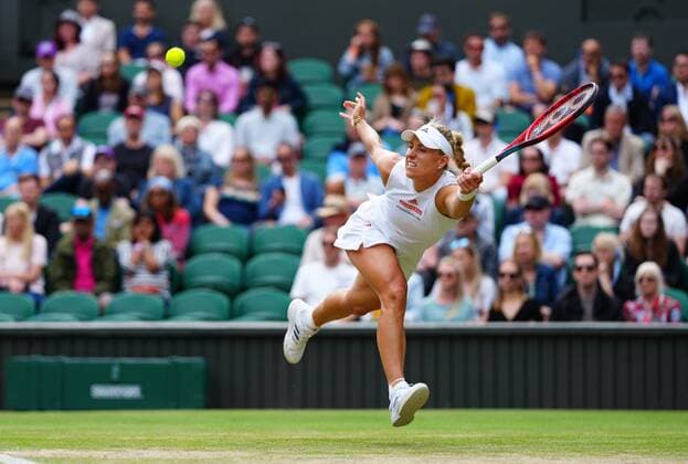 Mandatory Credit: Photo by Javier Garcia Shutterstock (12196117ha) Angelique Kerber during her fourth round match Wimbledon Tennis Championships, Day 7, The All England Lawn Tennis and Croquet Club, London, UK - 05 Jul 2021 Wimbledon Tennis Championships, Day 7, The All England Lawn Tennis and Croquet Club, London, UK - 05 Jul 2021  Copyright: xJavierxGarcia Shutterstockx 12196117ha