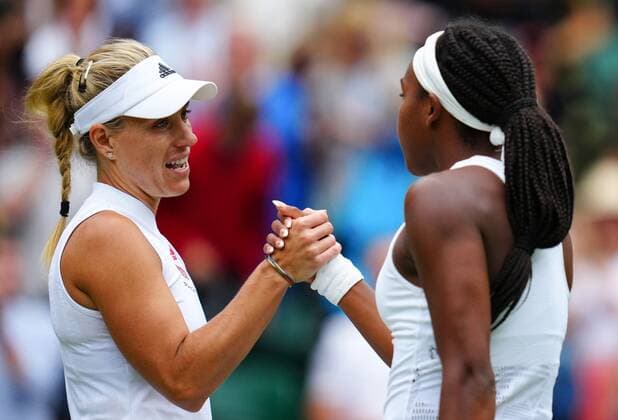 Mandatory Credit: Photo by Javier Garcia Shutterstock (12196117jn) Angelique Kerber celebrates victory in her fourth round match and is congratulated by Coco Gauff Wimbledon Tennis Championships, Day 7, The All England Lawn Tennis and Croquet Club, London, UK - 05 Jul 2021 Wimbledon Tennis Championships, Day 7, The All England Lawn Tennis and Croquet Club, London, UK - 05 Jul 2021  Copyright: xJavierxGarcia Shutterstockx 12196117jn
