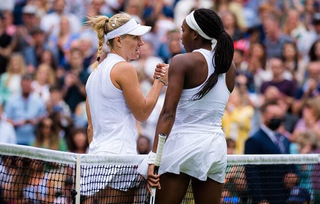 Mandatory Credit: Photo by Rob Prange Shutterstock (12196121bq) Angelique Kerber of Germany & Cori Gauff of the United States in action during the fourth round at the 2021 Wimbledon Championships Grand Slam tennis tournament Wimbledon Tennis Championships, Day 7, The All England Lawn Tennis and Croquet Club, London, UK - 05 Jul 2021 Wimbledon Tennis Championships, Day 7, The All England Lawn Tennis and Croquet Club, London, UK - 05 Jul 2021  Copyright: xRobxPrange Shutterstockx 12196121bq