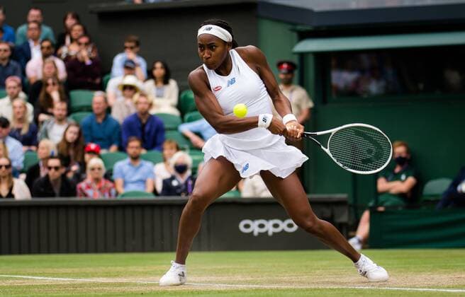 Mandatory Credit: Photo by Rob Prange Shutterstock (12196121cr) Cori Gauff of the United States in action during the fourth round at the 2021 Wimbledon Championships Grand Slam tennis tournament Wimbledon Tennis Championships, Day 7, The All England Lawn Tennis and Croquet Club, London, UK - 05 Jul 2021 Wimbledon Tennis Championships, Day 7, The All England Lawn Tennis and Croquet Club, London, UK - 05 Jul 2021  Copyright: xRobxPrange Shutterstockx 12196121cr