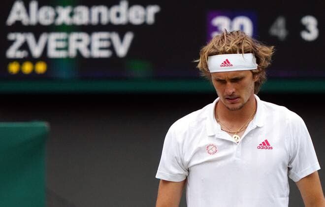 Mandatory Credit: Photo by Shutterstock (12196118ev) Alexander Zverev during his fourth round match Wimbledon Tennis Championships, Day 7, The All England Lawn Tennis and Croquet Club, London, UK - 05 Jul 2021 Wimbledon Tennis Championships, Day 7, The All England Lawn Tennis and Croquet Club, London, UK - 05 Jul 2021  Copyright: xShutterstockx 12196118ev