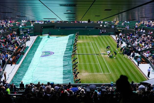 Mandatory Credit: Photo by Javier Garcia Shutterstock (12196117kj) The covers are carried on to Court 1 Wimbledon Tennis Championships, Day 7, The All England Lawn Tennis and Croquet Club, London, UK - 05 Jul 2021 Wimbledon Tennis Championships, Day 7, The All England Lawn Tennis and Croquet Club, London, UK - 05 Jul 2021  Copyright: xJavierxGarcia Shutterstockx 12196117kj