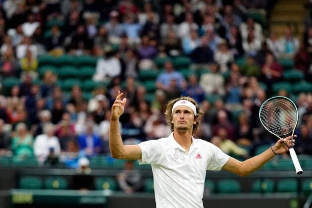 Mandatory Credit: Photo by Shutterstock (12196118gm) Alexander Zverev reacts during his fourth round match Wimbledon Tennis Championships, Day 7, The All England Lawn Tennis and Croquet Club, London, UK - 05 Jul 2021 Wimbledon Tennis Championships, Day 7, The All England Lawn Tennis and Croquet Club, London, UK - 05 Jul 2021  Copyright: xShutterstockx 12196118gm