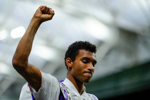 Mandatory Credit: Photo by Shutterstock (12196118hk) Felix Auger-Aliassime celebrates victory in his fourth round match Wimbledon Tennis Championships, Day 7, The All England Lawn Tennis and Croquet Club, London, UK - 05 Jul 2021 Wimbledon Tennis Championships, Day 7, The All England Lawn Tennis and Croquet Club, London, UK - 05 Jul 2021  Copyright: xShutterstockx 12196118hk
