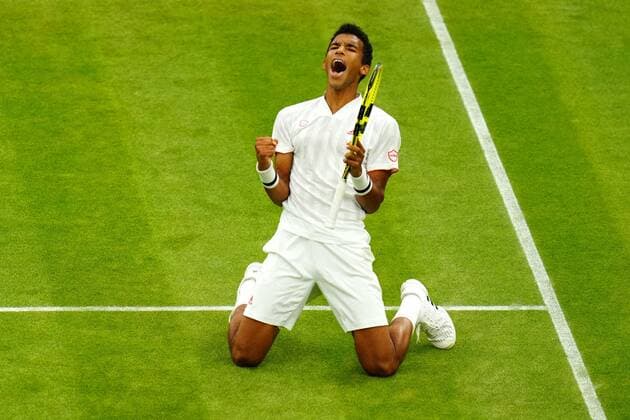Mandatory Credit: Photo by Javier Garcia Shutterstock (12196117lf) Felix Auger-Aliassime celebrates victory in his fourth round match Wimbledon Tennis Championships, Day 7, The All England Lawn Tennis and Croquet Club, London, UK - 05 Jul 2021 Wimbledon Tennis Championships, Day 7, The All England Lawn Tennis and Croquet Club, London, UK - 05 Jul 2021  Copyright: xJavierxGarcia Shutterstockx 12196117lf