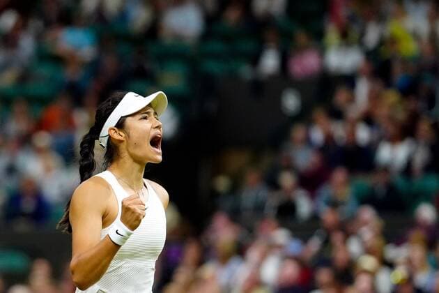 Mandatory Credit: Photo by Shutterstock (12196118ih) Emma Raducanu celebrates during her fourth round match Wimbledon Tennis Championships, Day 7, The All England Lawn Tennis and Croquet Club, London, UK - 05 Jul 2021 Wimbledon Tennis Championships, Day 7, The All England Lawn Tennis and Croquet Club, London, UK - 05 Jul 2021  Copyright: xShutterstockx 12196118ih