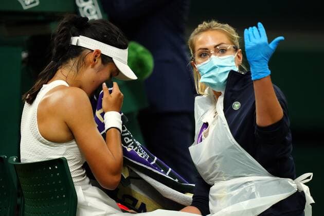 Mandatory Credit: Photo by Shutterstock (12196118jk) Emma Raducanu receiving medical treatment during her fourth round match Wimbledon Tennis Championships, Day 7, The All England Lawn Tennis and Croquet Club, London, UK - 05 Jul 2021 Wimbledon Tennis Championships, Day 7, The All England Lawn Tennis and Croquet Club, London, UK - 05 Jul 2021  Copyright: xShutterstockx 12196118jk