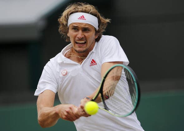 Mandatory Credit: Photo by Shutterstock (12196120ba) Alexander Zverev of Germany in action Wimbledon Tennis Championships, Day 7, The All England Lawn Tennis and Croquet Club, London, UK - 05 Jul 2021 Wimbledon Tennis Championships, Day 7, The All England Lawn Tennis and Croquet Club, London, UK - 05 Jul 2021  Copyright: xShutterstockx 12196120ba