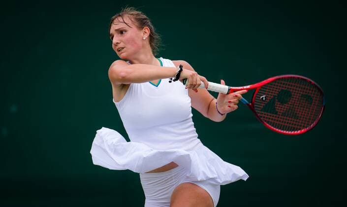 Mandatory Credit: Photo by Rob Prange Shutterstock (12196121fg) Mara Guth of Germany in action during the first round of Juniors competition at the 2021 Wimbledon Championships Grand Slam tennis tournament Wimbledon Tennis Championships, Day 7, The All England Lawn Tennis and Croquet Club, London, UK - 05 Jul 2021 Wimbledon Tennis Championships, Day 7, The All England Lawn Tennis and Croquet Club, London, UK - 05 Jul 2021  Copyright: xRobxPrange Shutterstockx 12196121fg
