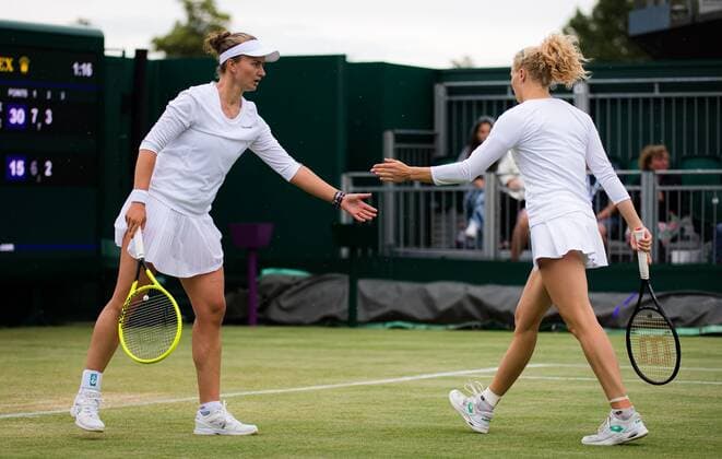 Mandatory Credit: Photo by Rob Prange Shutterstock (12196121fo) Barbora Krejcikova & Katerina Siniakova of the Czech Republic playing doubles at the 2021 Wimbledon Championships Grand Slam tennis tournament Wimbledon Tennis Championships, Day 7, The All England Lawn Tennis and Croquet Club, London, UK - 05 Jul 2021 Wimbledon Tennis Championships, Day 7, The All England Lawn Tennis and Croquet Club, London, UK - 05 Jul 2021  Copyright: xRobxPrange Shutterstockx 12196121fo