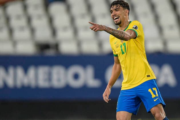 5th July 2021; Nilton Santos Stadium, Rio de Janeiro, Brazil; Copa America, Brazil versus Peru; Lucas Paquet& xe1; of Brazil celebrates his goal in the 43th minute for 1-0  ActionPlus12303158 AdnrexFabiano
