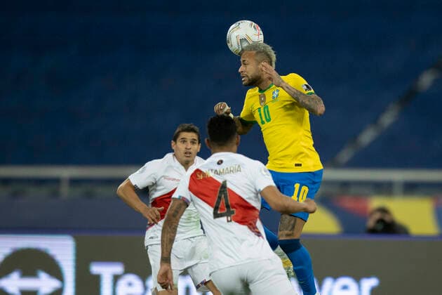 5th July 2021; Nilton Santos Stadium, Rio de Janeiro, Brazil; Copa America, Brazil versus Peru; Neymar of Brazil climbs above Santamaria of Peru to win the header  ActionPlus12303169 LucasxFigueiredo