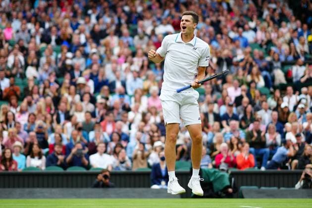 Mandatory Credit: Photo by Javier Garcia Shutterstock (12197711d) Hubert Hurkacz celebrates victory in his fourth round match Wimbledon Tennis Championships, Day 8, The All England Lawn Tennis and Croquet Club, London, UK - 06 Jul 2021 Wimbledon Tennis Championships, Day 8, The All England Lawn Tennis and Croquet Club, London, UK - 06 Jul 2021  Copyright: xJavierxGarcia Shutterstockx 12197711d