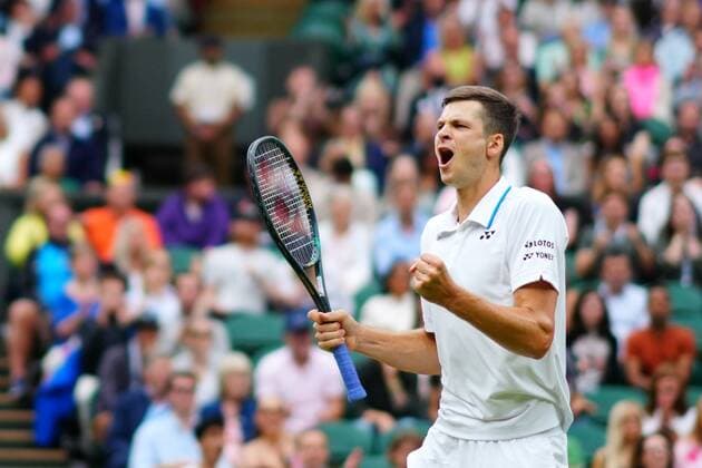 Mandatory Credit: Photo by Javier Garcia Shutterstock (12197711e) Hubert Hurkacz celebrates victory in his fourth round match Wimbledon Tennis Championships, Day 8, The All England Lawn Tennis and Croquet Club, London, UK - 06 Jul 2021 Wimbledon Tennis Championships, Day 8, The All England Lawn Tennis and Croquet Club, London, UK - 06 Jul 2021  Copyright: xJavierxGarcia Shutterstockx 12197711e