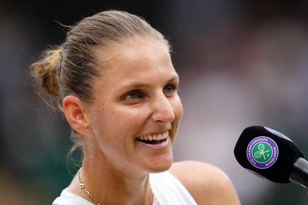 Mandatory Credit: Photo by Shutterstock (12197712f) Karolina Pliskova celebrates victory in her quarter-final match Wimbledon Tennis Championships, Day 8, The All England Lawn Tennis and Croquet Club, London, UK - 06 Jul 2021 Wimbledon Tennis Championships, Day 8, The All England Lawn Tennis and Croquet Club, London, UK - 06 Jul 2021  Copyright: xShutterstockx 12197712f