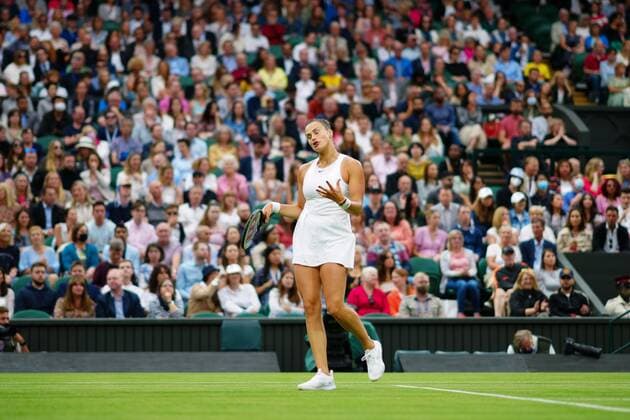 Mandatory Credit: Photo by Javier Garcia Shutterstock (12197711by) Aryna Sabalenka during her quarter-final match Wimbledon Tennis Championships, Day 8, The All England Lawn Tennis and Croquet Club, London, UK - 06 Jul 2021 Wimbledon Tennis Championships, Day 8, The All England Lawn Tennis and Croquet Club, London, UK - 06 Jul 2021  Copyright: xJavierxGarcia Shutterstockx 12197711by