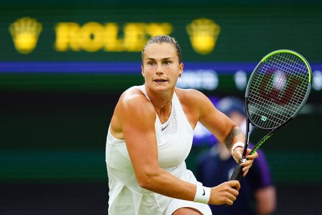 Mandatory Credit: Photo by Javier Garcia Shutterstock (12197711ce) Aryna Sabalenka during her quarter-final match Wimbledon Tennis Championships, Day 8, The All England Lawn Tennis and Croquet Club, London, UK - 06 Jul 2021 Wimbledon Tennis Championships, Day 8, The All England Lawn Tennis and Croquet Club, London, UK - 06 Jul 2021  Copyright: xJavierxGarcia Shutterstockx 12197711ce