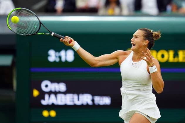 Mandatory Credit: Photo by Javier Garcia Shutterstock (12197711cg) Aryna Sabalenka during her quarter-final match Wimbledon Tennis Championships, Day 8, The All England Lawn Tennis and Croquet Club, London, UK - 06 Jul 2021 Wimbledon Tennis Championships, Day 8, The All England Lawn Tennis and Croquet Club, London, UK - 06 Jul 2021  Copyright: xJavierxGarcia Shutterstockx 12197711cg