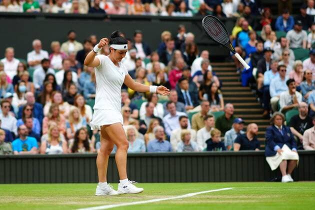 Mandatory Credit: Photo by Javier Garcia Shutterstock (12197711eb) Ons Jabeur throws her racquet during her quarter-final match Wimbledon Tennis Championships, Day 8, The All England Lawn Tennis and Croquet Club, London, UK - 06 Jul 2021 Wimbledon Tennis Championships, Day 8, The All England Lawn Tennis and Croquet Club, London, UK - 06 Jul 2021  Copyright: xJavierxGarcia Shutterstockx 12197711eb