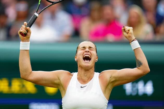 Mandatory Credit: Photo by Javier Garcia Shutterstock (12197711ee) Aryna Sabalenka celebrates victory in her quarter-final match Wimbledon Tennis Championships, Day 8, The All England Lawn Tennis and Croquet Club, London, UK - 06 Jul 2021 Wimbledon Tennis Championships, Day 8, The All England Lawn Tennis and Croquet Club, London, UK - 06 Jul 2021  Copyright: xJavierxGarcia Shutterstockx 12197711ee