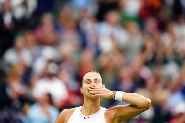 Mandatory Credit: Photo by Javier Garcia Shutterstock (12197711ei) Aryna Sabalenka celebrates victory in her quarter-final match Wimbledon Tennis Championships, Day 8, The All England Lawn Tennis and Croquet Club, London, UK - 06 Jul 2021 Wimbledon Tennis Championships, Day 8, The All England Lawn Tennis and Croquet Club, London, UK - 06 Jul 2021  Copyright: xJavierxGarcia Shutterstockx 12197711ei