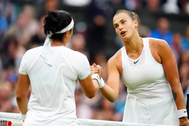 Mandatory Credit: Photo by Javier Garcia Shutterstock (12197711en) Aryna Sabalenka celebrates victory in her quarter-final match against Ons Jabeur Wimbledon Tennis Championships, Day 8, The All England Lawn Tennis and Croquet Club, London, UK - 06 Jul 2021 Wimbledon Tennis Championships, Day 8, The All England Lawn Tennis and Croquet Club, London, UK - 06 Jul 2021  Copyright: xJavierxGarcia Shutterstockx 12197711en