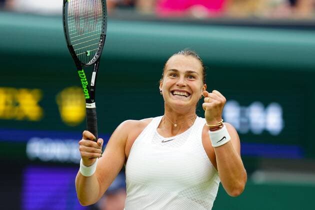 Mandatory Credit: Photo by Javier Garcia Shutterstock (12197711eo) Aryna Sabalenka celebrates victory in her quarter-final match Wimbledon Tennis Championships, Day 8, The All England Lawn Tennis and Croquet Club, London, UK - 06 Jul 2021 Wimbledon Tennis Championships, Day 8, The All England Lawn Tennis and Croquet Club, London, UK - 06 Jul 2021  Copyright: xJavierxGarcia Shutterstockx 12197711eo
