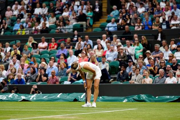 Mandatory Credit: Photo by Shutterstock (12197712bx) Karolina Muchova during her quarter-final match Wimbledon Tennis Championships, Day 8, The All England Lawn Tennis and Croquet Club, London, UK - 06 Jul 2021 Wimbledon Tennis Championships, Day 8, The All England Lawn Tennis and Croquet Club, London, UK - 06 Jul 2021  Copyright: xShutterstockx 12197712bx