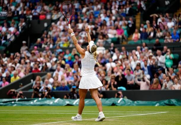 Mandatory Credit: Photo by Shutterstock (12197712ck) Angelique Kerber celebrates victory in her quarter-final match Wimbledon Tennis Championships, Day 8, The All England Lawn Tennis and Croquet Club, London, UK - 06 Jul 2021 Wimbledon Tennis Championships, Day 8, The All England Lawn Tennis and Croquet Club, London, UK - 06 Jul 2021  Copyright: xShutterstockx 12197712ck