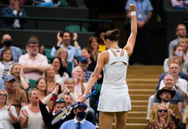 Mandatory Credit: Photo by Rob Prange Shutterstock (12197719bn) Karolina Pliskova of the Czech Republic in action during the quarter-final at the 2021 Wimbledon Championships Grand Slam tennis tournament Wimbledon Tennis Championships, Day 8, The All England Lawn Tennis and Croquet Club, London, UK - 06 Jul 2021 Wimbledon Tennis Championships, Day 8, The All England Lawn Tennis and Croquet Club, London, UK - 06 Jul 2021  Copyright: xRobxPrange Shutterstockx 12197719bn