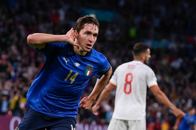 EURO 2021, Die Highlights Sport Bilder des Tages Photo LaPresse - Fabio Ferrari July 06, 2021 London, Great Britain soccer Italy vs Spain - Euro 2020 - European Football Championship - Semi-Final -Wembley Stadium of London. In the pic:Federico Chiesa (Italy) celebrates after gol  Copyright: xFabioxFerrari LaPressex