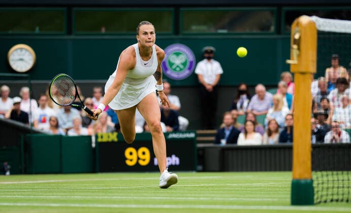 July 6, 2021: London, United Kingdom: Aryna Sabalenka of Belarus in action during the quarter-final at the 2021 Wimbledon Championships Grand Slam tennis tournament against O. Jabeur of Tunisia London United Kingdom - ZUMAa181 20210706_zaa_a181_052 Copyright: xRobxPrangex