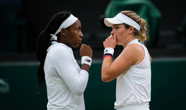 July 6, 2021: Catherine McNally & Cori Gauff of the United States playing doubles at the 2021 Wimbledon Championships Grand Slam tennis tournament - ZUMAa181 20210706_zaa_a181_096 Copyright: xRobxPrangex