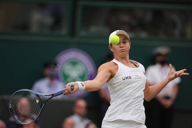 (210707) -- LONDON, July 7, 2021 -- Ashleigh Barty of Australia hits a return during the woman s quarterfinal match between Ashleigh Barty of Australia and Ajla Tomljanovic of Australia at Wimbledon tennis Championship in London, Britain, on July 6, 2021. (Photo by Xinhua) (SP)BRITAIN-LONDON-TENNIS-WIMBLEDON TimxIreland 