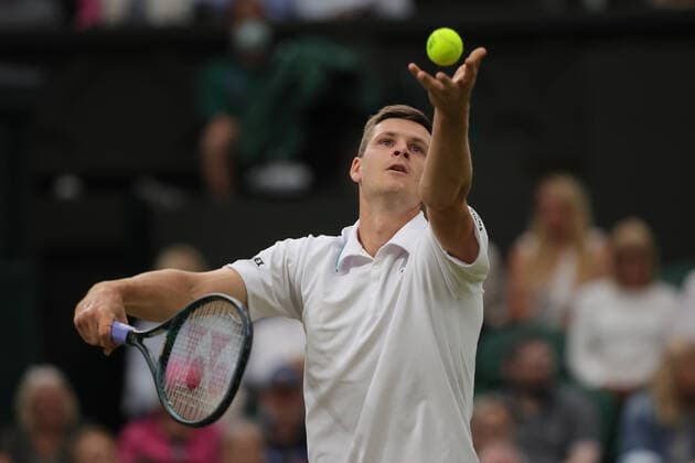 (210707) -- LONDON, July 7, 2021 -- Hubert Hurkacz of Poland serves during the men s singles fourth round match between Hubert Hurkacz of Poland and Daniil Medvedev of Russia at Wimbledon tennis Championship in London, Britain, on July 6, 2021. (Photo by Xinhua) (SP)BRITAIN-LONDON-TENNIS-WIMBLEDON TimxIreland 