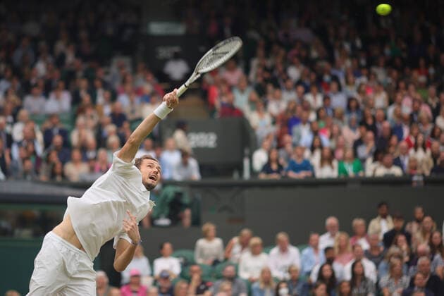 (210707) -- LONDON, July 7, 2021 -- Daniil Medvedev of Russia serves during the men s singles fourth round match between Hubert Hurkacz of Poland and Daniil Medvedev of Russia at Wimbledon tennis Championship in London, Britain, on July 6, 2021. (Photo by Xinhua) (SP)BRITAIN-LONDON-TENNIS-WIMBLEDON TimxIreland 