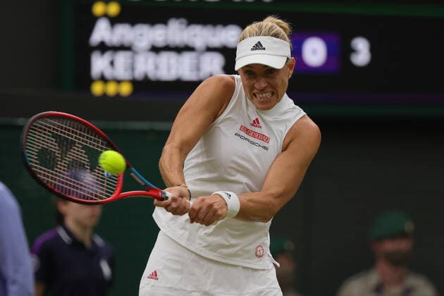 (210707) -- LONDON, July 7, 2021 -- Angelique Kerber of Germany hits a return during the woman s quarterfinal match between Karolina Muchova of the Czech Republic and Angelique Kerber of Germany at Wimbledon tennis Championship in London, Britain, on July 6, 2021. (Photo by Xinhua) (SP)BRITAIN-LONDON-TENNIS-WIMBLEDON TimxIreland 