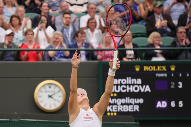 Sport Bilder des Tages (210707) -- LONDON, July 7, 2021 -- Angelique Kerber of Germany celebrates after the woman s quarterfinal match between Karolina Muchova of the Czech Republic and Angelique Kerber of Germany at Wimbledon tennis Championship in London, Britain, on July 6, 2021. (Photo by Xinhua) (SP)BRITAIN-LONDON-TENNIS-WIMBLEDON TimxIreland 