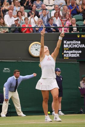 (210707) -- LONDON, July 7, 2021 -- Angelique Kerber of Germany celebrates after the woman s quarterfinal match between Karolina Muchova of the Czech Republic and Angelique Kerber of Germany at Wimbledon tennis Championship in London, Britain, on July 6, 2021. (Photo by Xinhua) (SP)BRITAIN-LONDON-TENNIS-WIMBLEDON TimxIreland 
