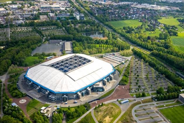 Aerial view, Schalke Veltins Arena, Rudi Assauer Platz, pull-out area for grass, Erle, Gelsenkirchen, Ruhr area, North Rhine-Westphalia, Germany ATTENTIONxMINESTHONORARx60xEURO